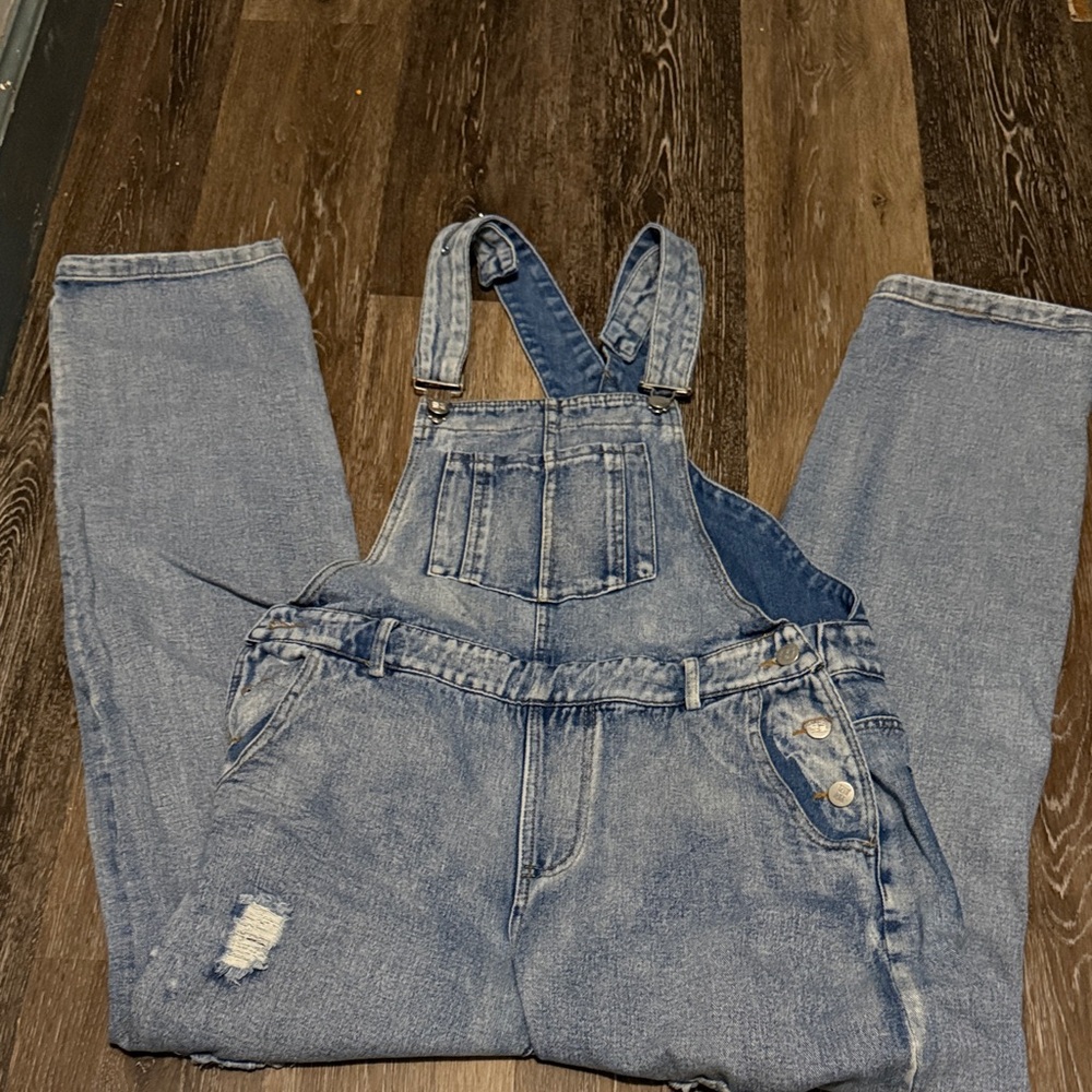 12th Tribe Light Blue Distressed Denim Overalls